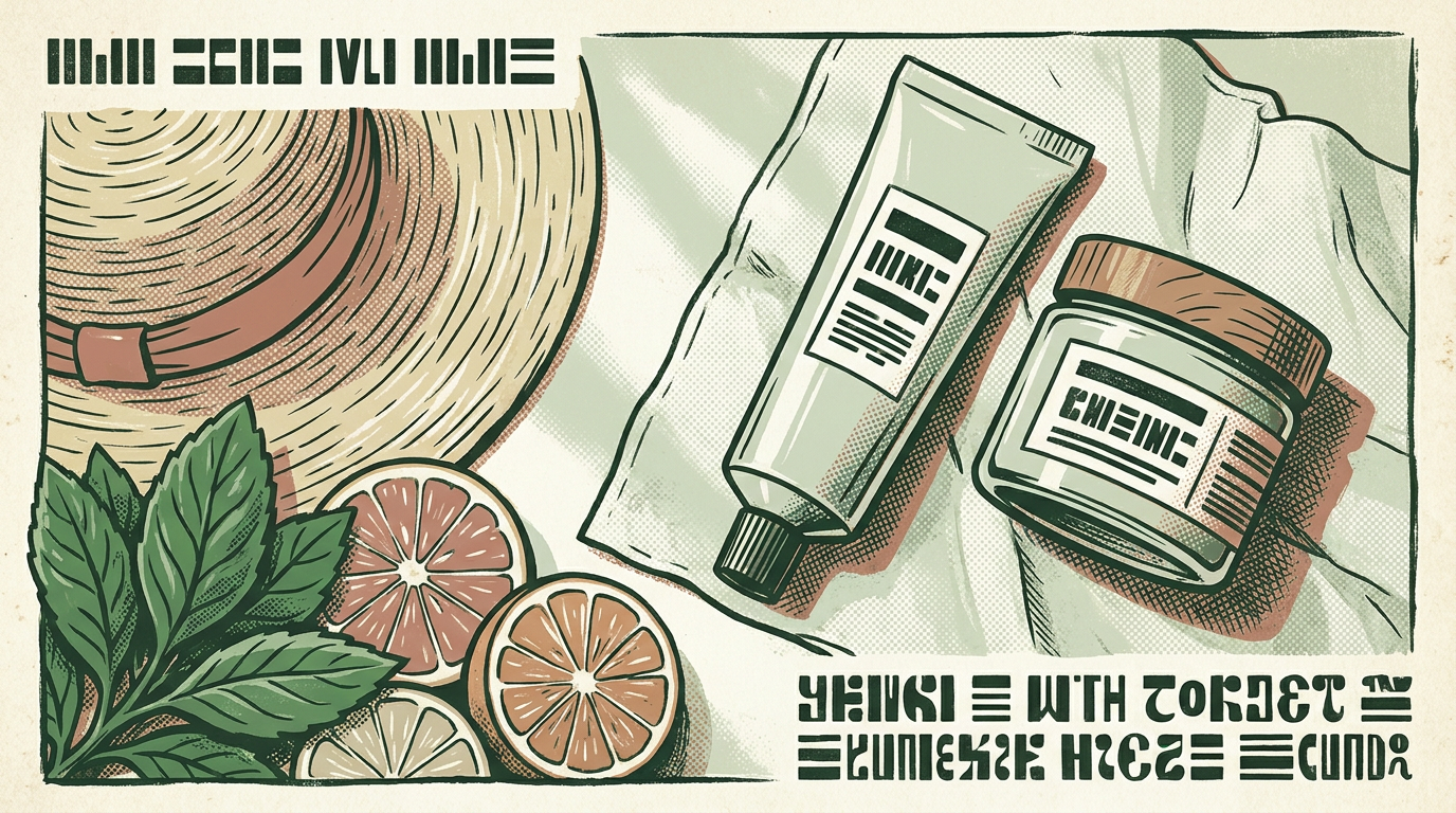 Editorial still life of facial sunscreen tube and jar on linen with a straw sun hat and leaves