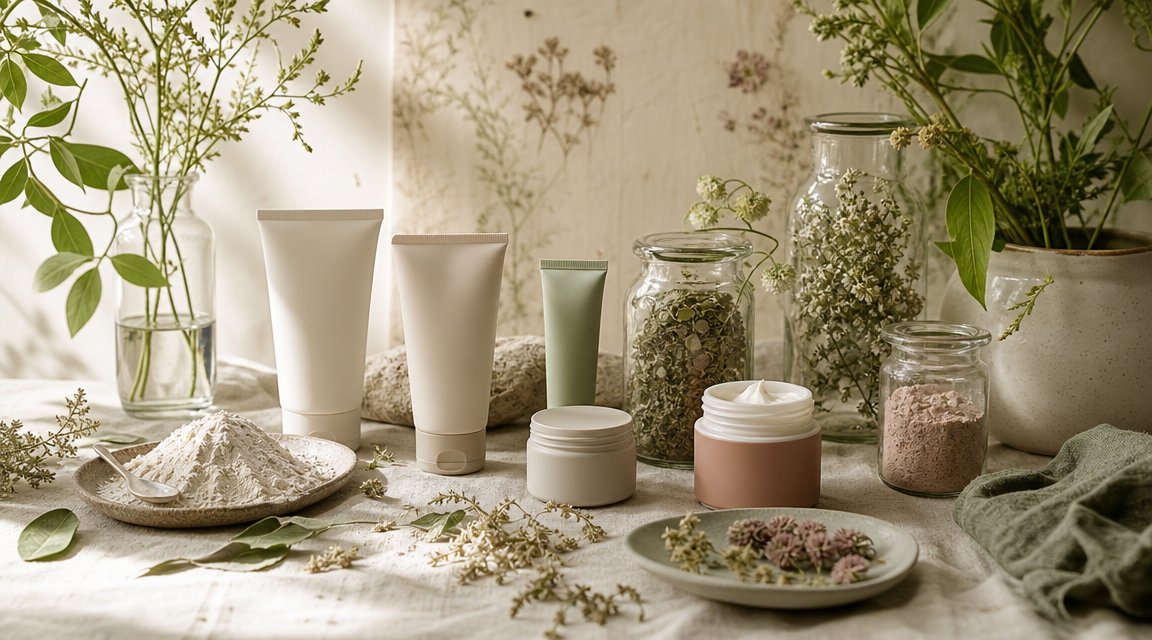 Editorial flat lay of mineral based sunscreen tubes with ingredient labels and pressed leaves