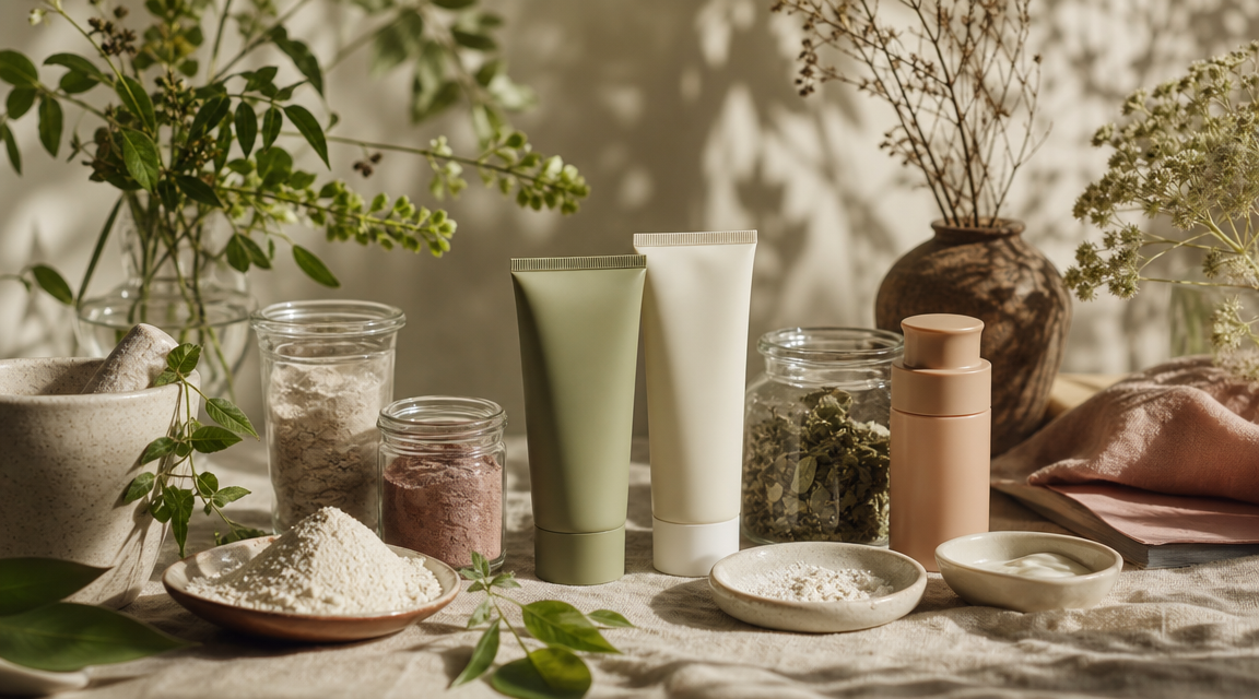 Editorial still life of mineral sunscreen jars and zinc oxide cream on linen with leaves