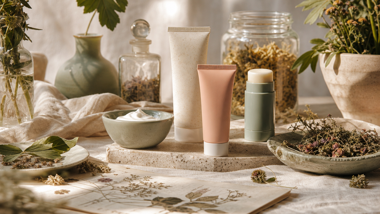 Sunlit shelf with broad-spectrum sunscreen bottle, pressed leaves, and a folded warm towel