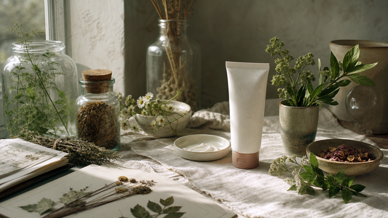 Soft morning light on a shelf with an SPF 30 sunscreen bottle, pressed leaves, and a warm towel