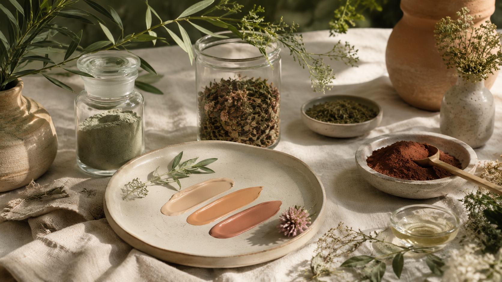 Editorial still life of tinted sunscreen tubes in warm shades on linen with dried leaves